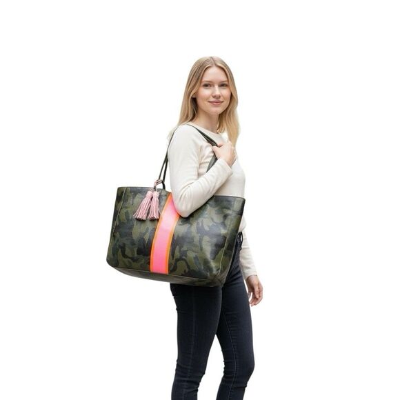 Not Rational Handbags - Not Rational Noha Diaper Tote Bag Pebble Leather Camouflage Tassel Stripe Zip Up